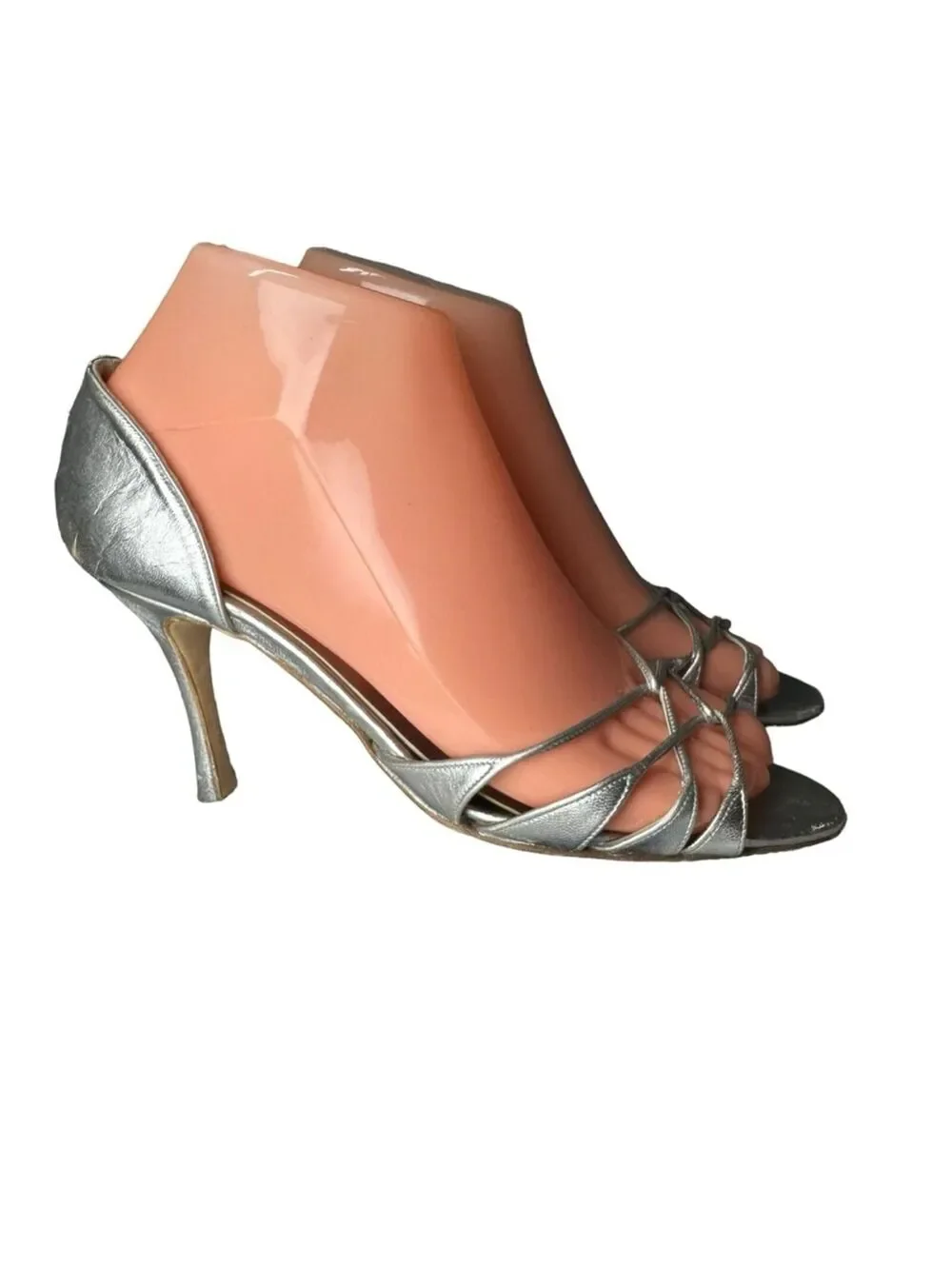 Manolo Blahnik Espinado Metallic Silver Leather D'Orsay Strappy Heels 36.5